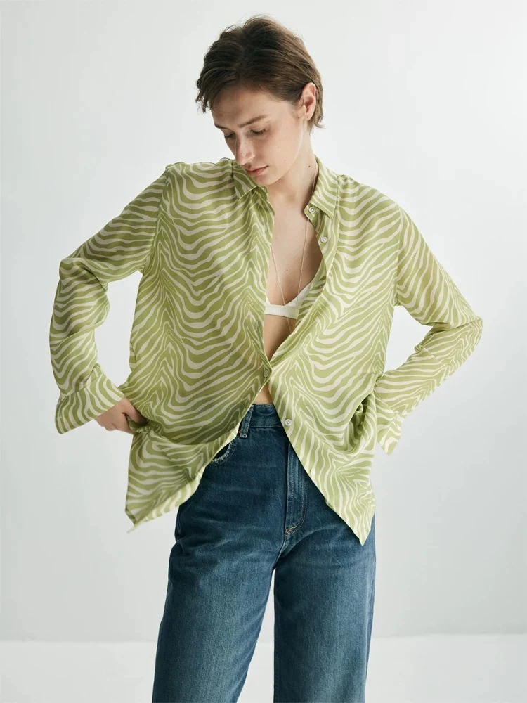 100% Mulberry Silk Green Zebra-Stripe Relaxed Shirt – Women’s Long-Sleeve Button-Down Blouse for Resort to Office - konjwa