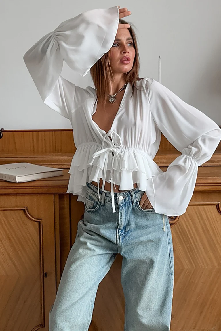 Relaxed Tie Front Chiffon Blouse - konjwa