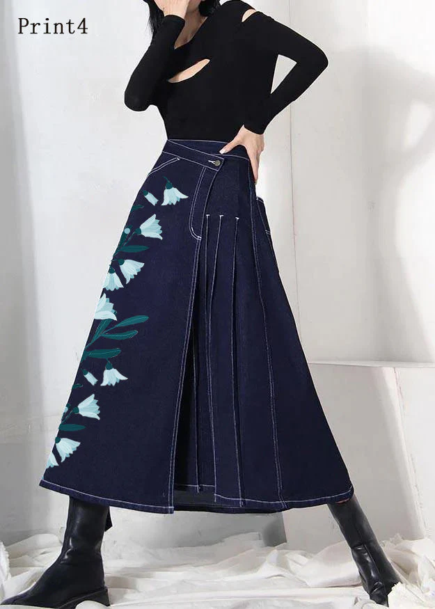 Boho denim blue-print4 zippered asymmetrical design Summer Skirt - konjwa
