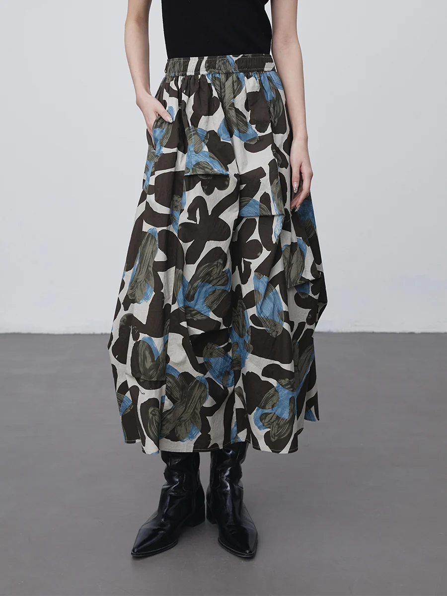 Unique Asymmetric Print Skirt | Slimming A-Line Midi Skirt with Flared Silhouette for Autumn - konjwa