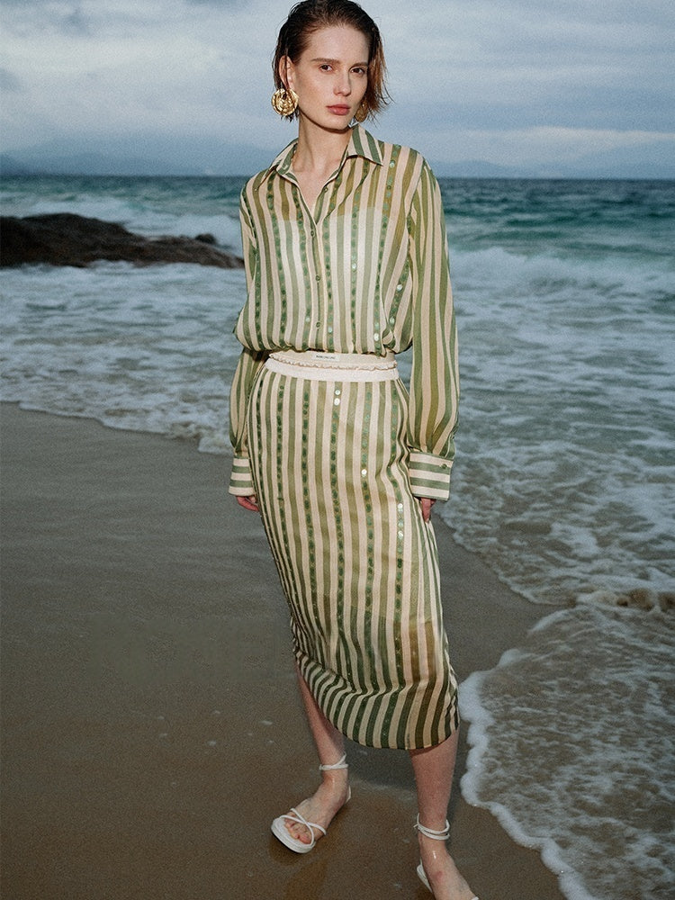 Ultra-Light 75D Chiffon Sequin-Striped Shirt & Skirt Set | Chic Work-to-Vacation Women's Outfit - konjwa