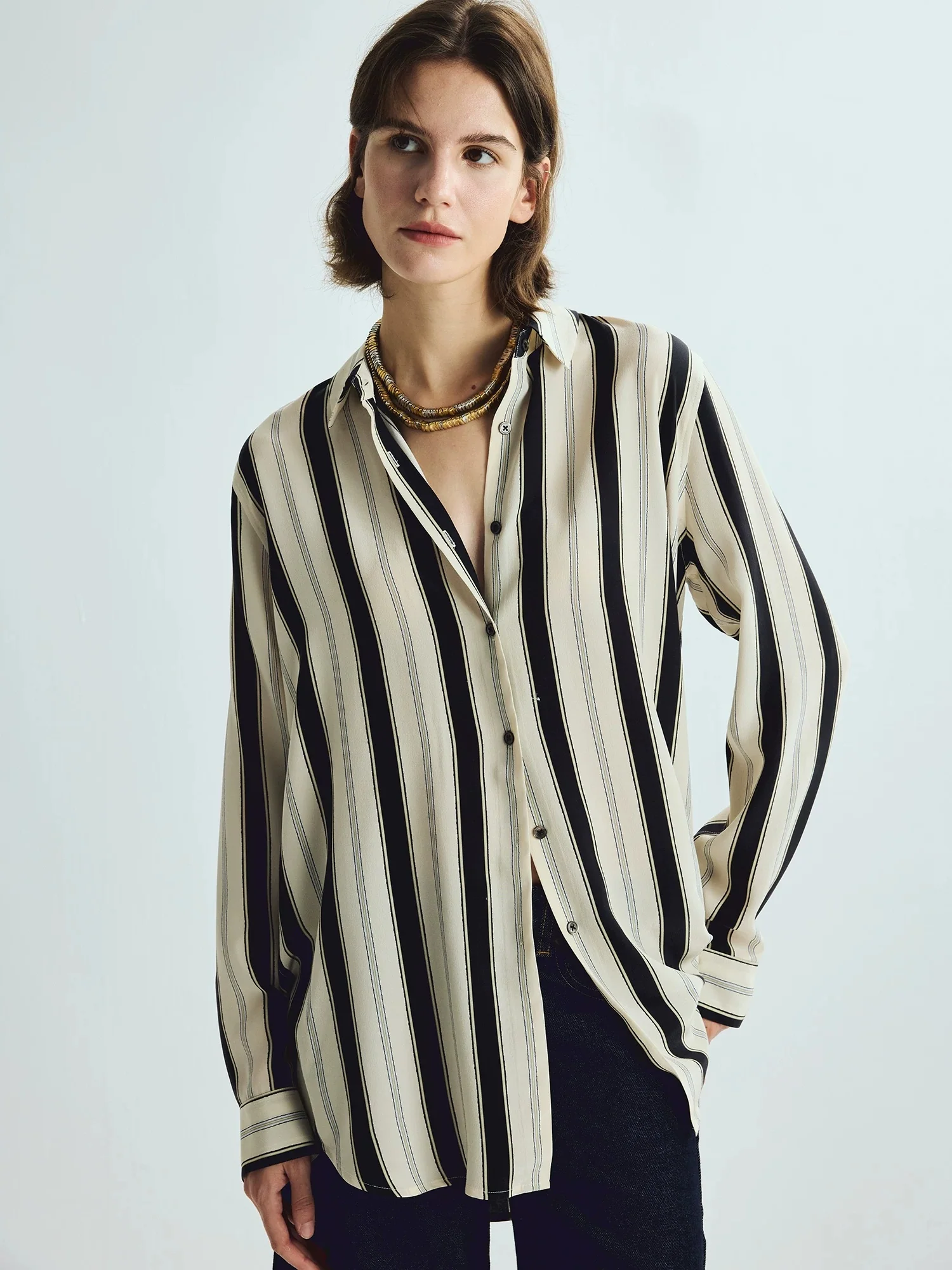 100% Mulberry Silk Contrast-Stripe Shirt – Relaxed Long-Sleeve Button-Down Blouse - konjwa
