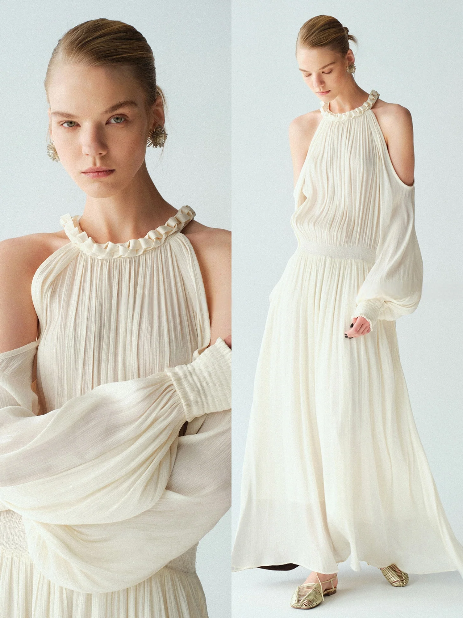 Glossy Island Silk Halter Neck Cutout-Shoulder Pleated Maxi Dress - konjwa