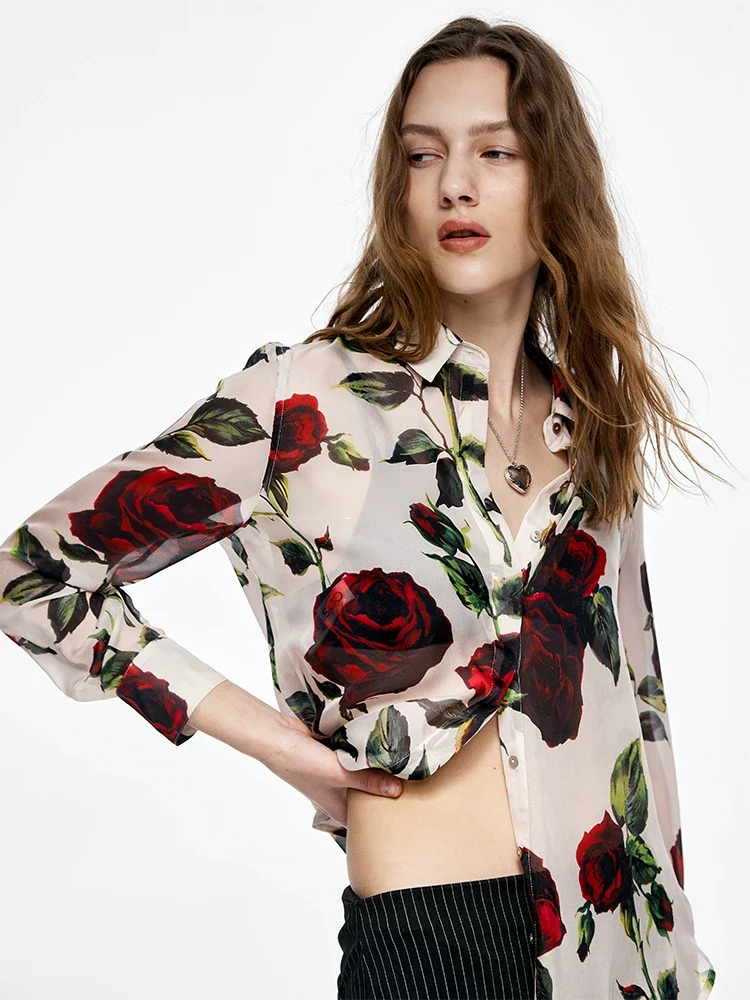 Women's Lightweight Mulberry Silk Rose Print Long-Sleeve Blouse – Elegant Layering Silk Shirt - konjwa
