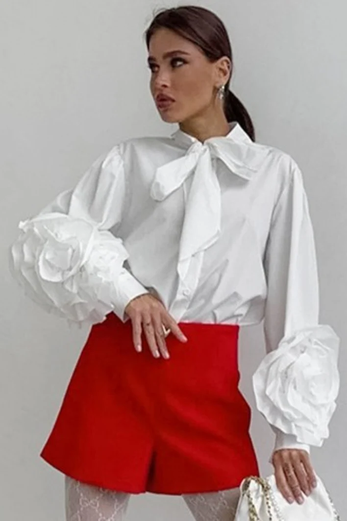 Lantern Sleeve Floral Tie Blouse - konjwa