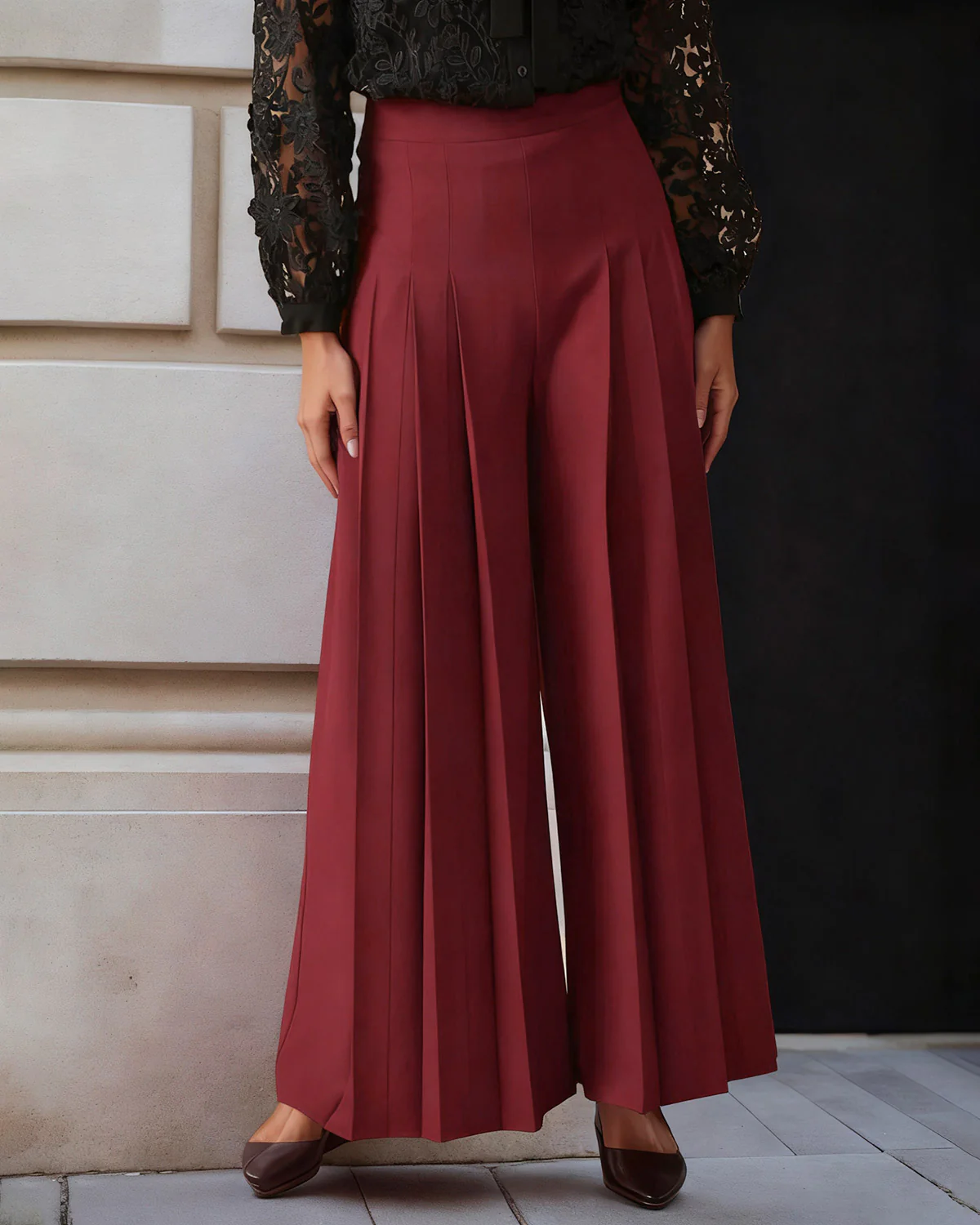 Wine Red Wide Leg Pants - konjwa