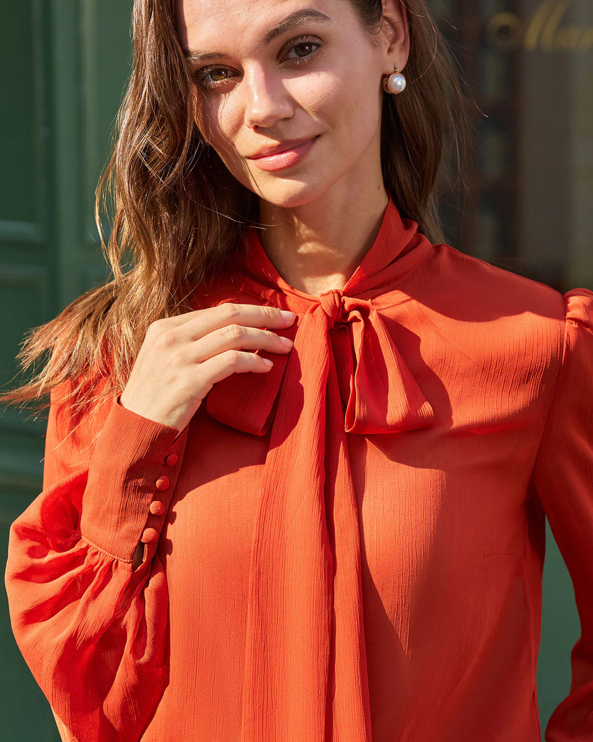 Brick Red Chiffon Tie Neck Shirt - konjwa