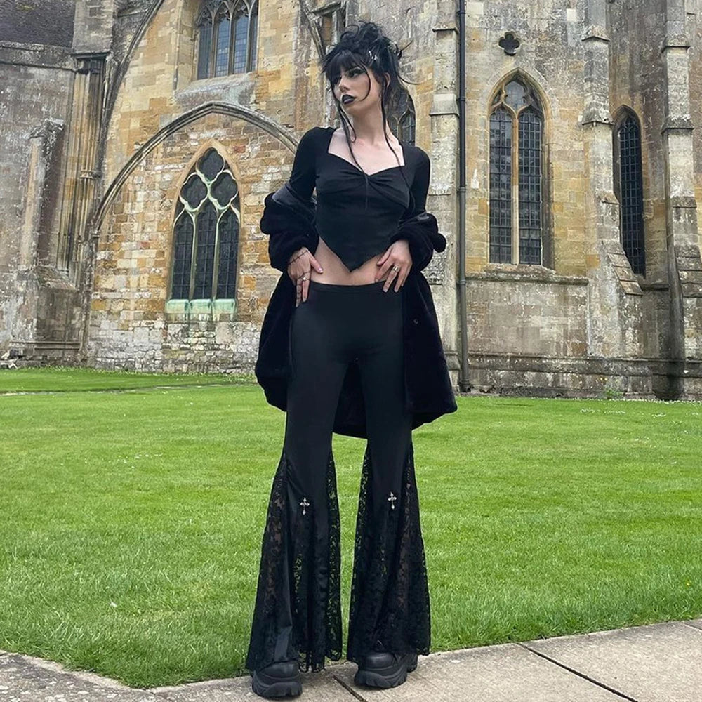 Black Lace Flared Halloween Pants - konjwa