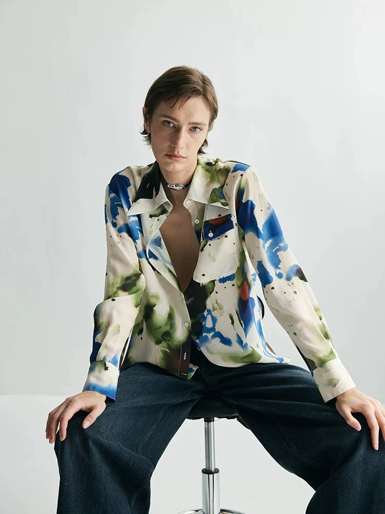 Artisanal Ink‑Wash Print Mulberry Silk Shirt – Heavyweight Long‑Sleeve Women’s Button‑Down Blouse - konjwa