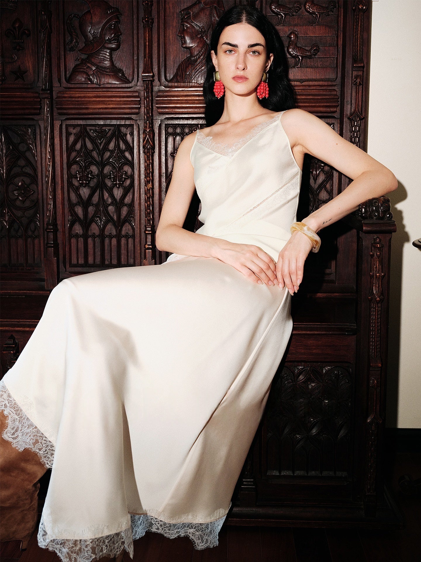 Smooth Satin Weave French Lace Trim Asymmetric Cut Cami Top / Skirt Set - konjwa