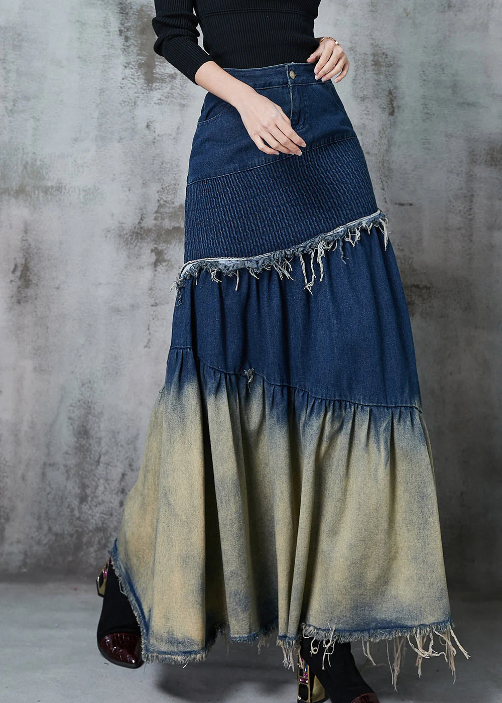 Navy Silm Fit Patchwork Gradient Color Denim Skirt Spring - konjwa