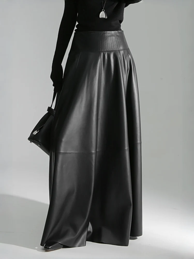Luxury Black Genuine Sheepskin Midi Skirt – High Waist A-Line Leather Flared Skirt for Women - konjwa