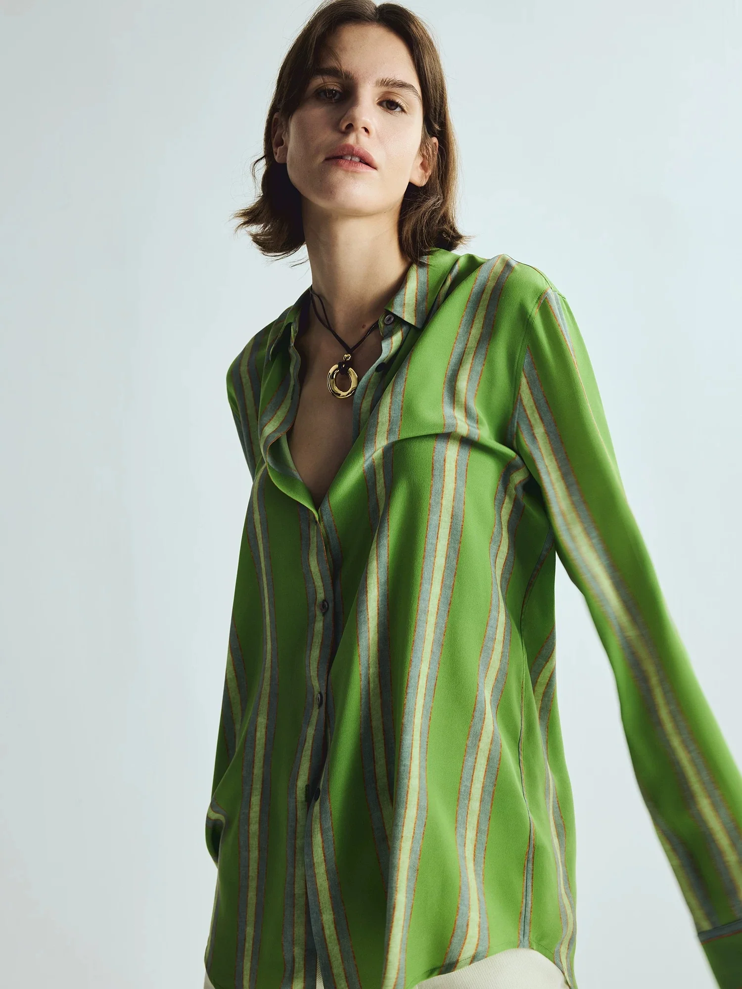French-Inspired Heritage Green Stripe Pure Silk Shirt – Heavyweight 100% Mulberry Silk, Relaxed Women’s Blouse - konjwa