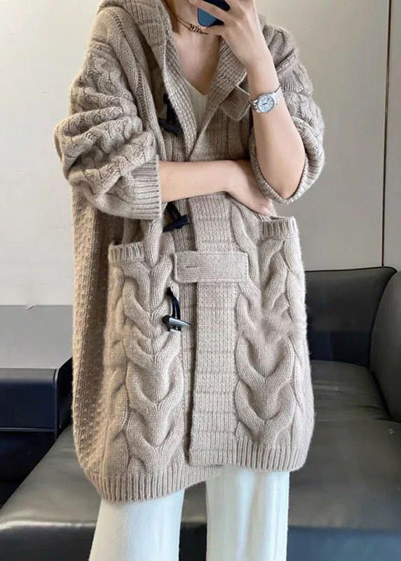Loose Camel Hooded Pockets Patchwork Knit Coats Long Sleeve - konjwa