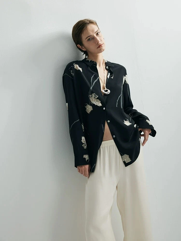 Heavyweight 100% Mulberry Silk Floral Print Shirt – French Effortless Long-Sleeve Button-Down Blouse - konjwa