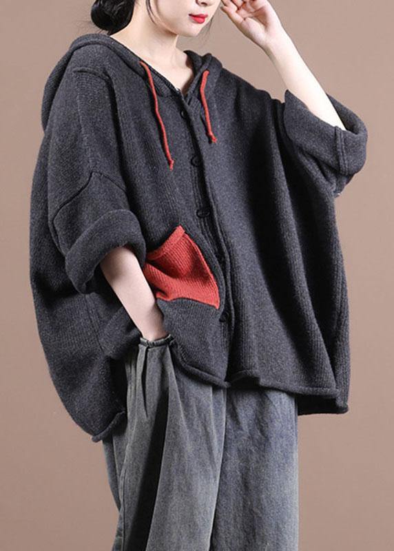 Comfy Dark Grey hooded Pockets Sweater Coat - konjwa