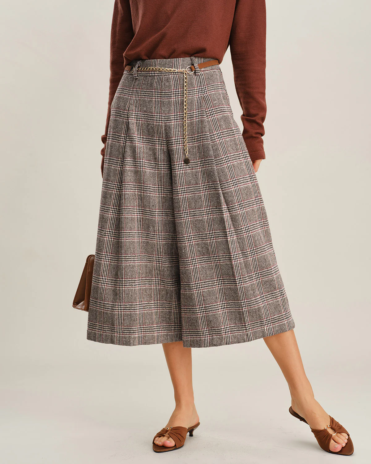 Khaki Plaid Wide Leg Pants - konjwa