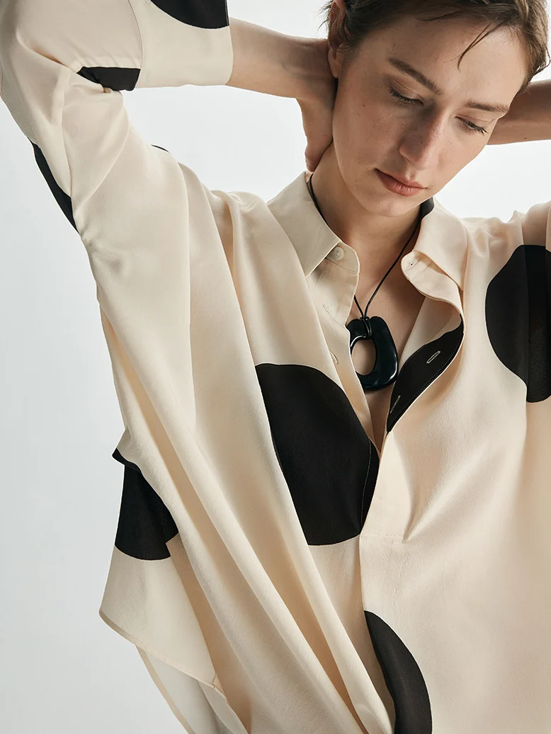Women's Polka Dot Mulberry Silk Long-Sleeve Shirt – Relaxed-Fit Casual Silk Blouse - konjwa