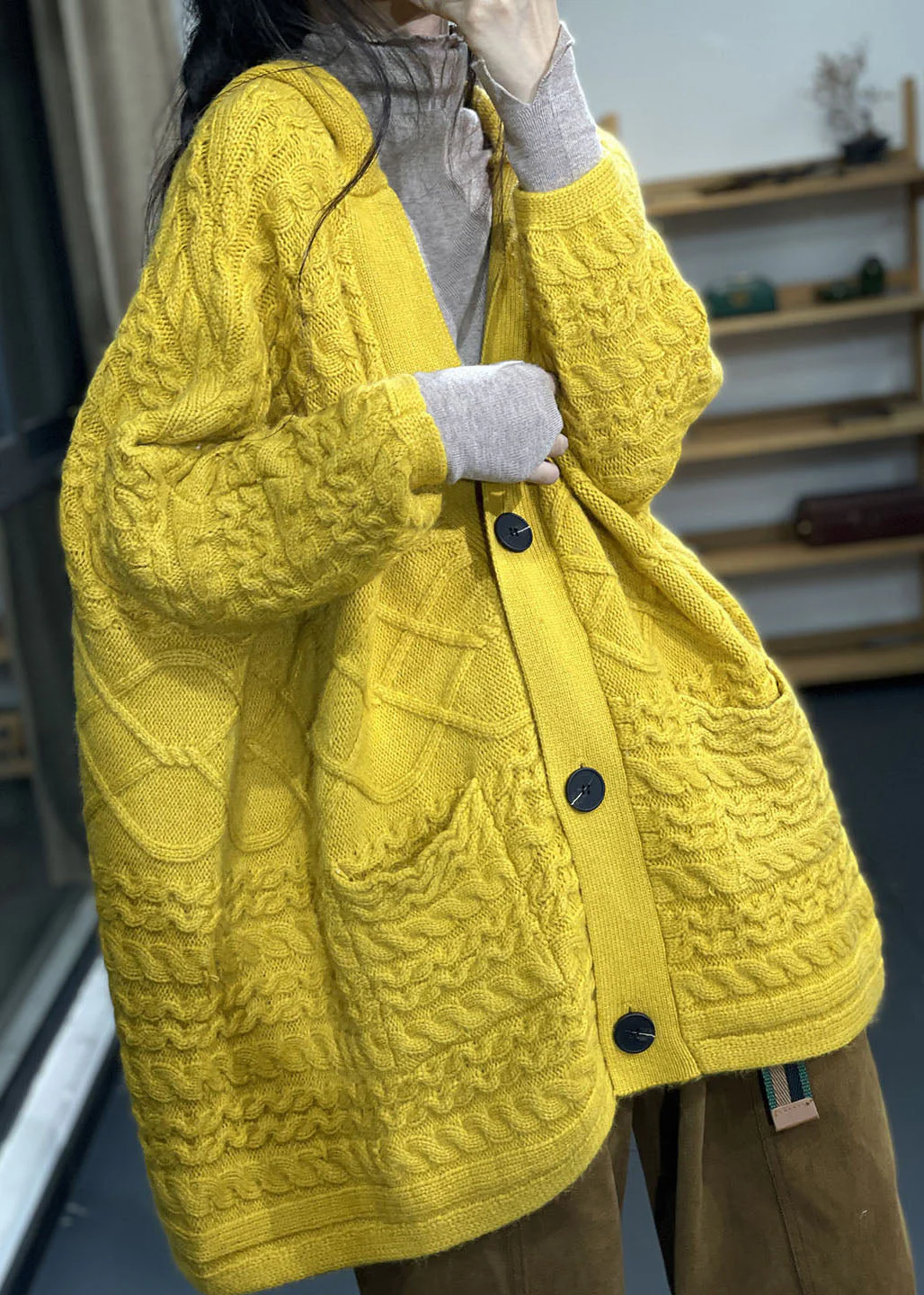 Modern Yellow Oversized Pockets Rabbit Hair Knit Cardigans Winter - konjwa