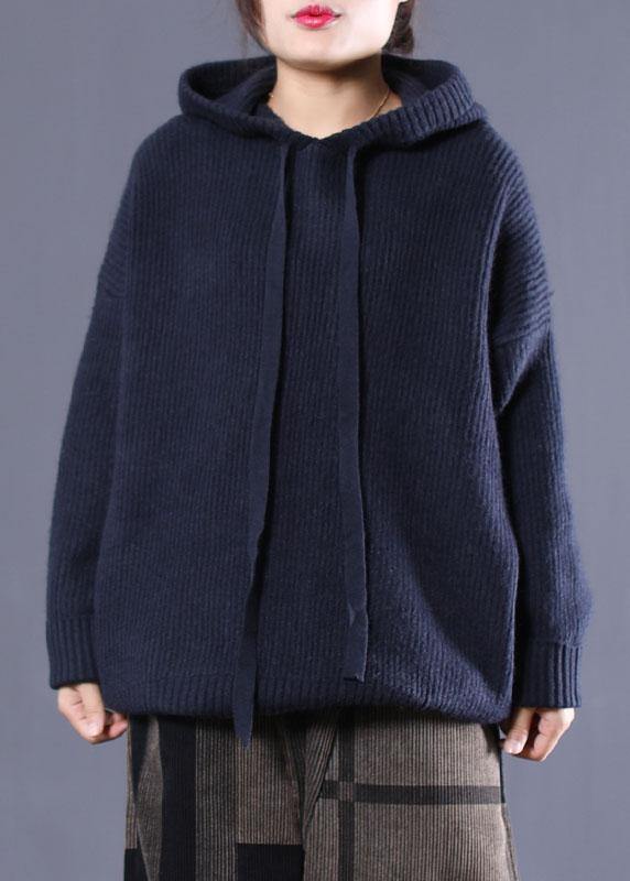 DIY Navy Hooded Loose Fall Knitted Top - konjwa