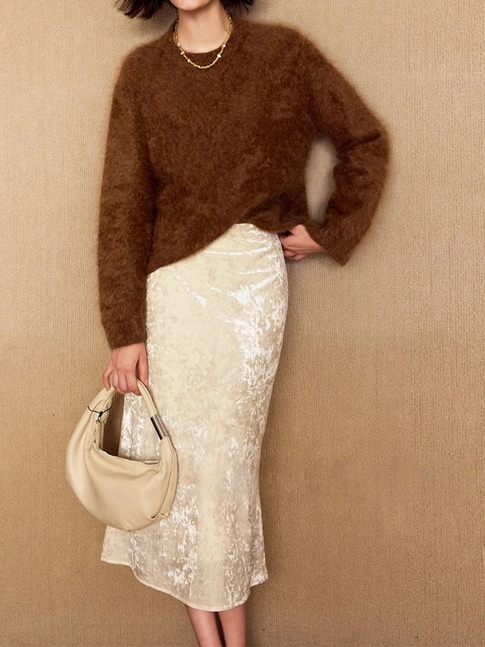 Amber Autumn Shimmer Velvet Mermaid Skirt — Retro Gold-Flecked Stretch Velvet - konjwa