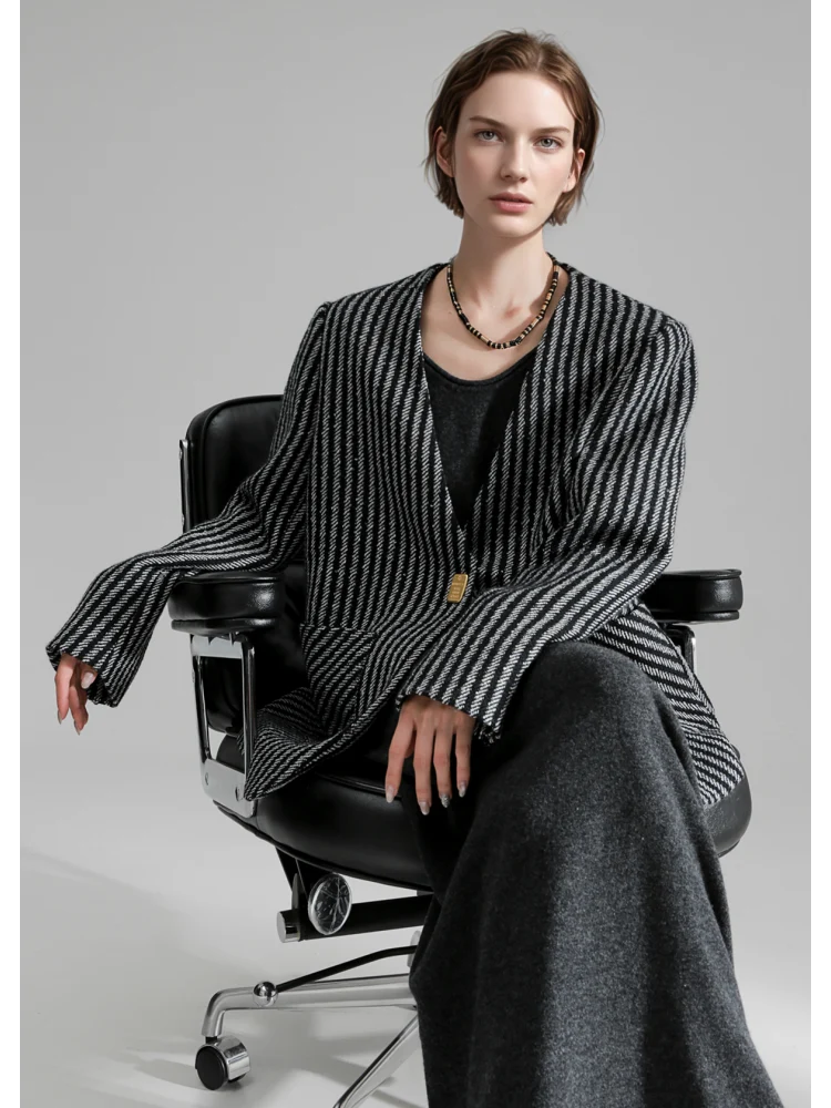 Nordic Striped Wool Blazer for Women – Elegant V-Neck Suit Jacket with Metal Buckle and Structured Shoulders, Fall Office Wear - konjwa