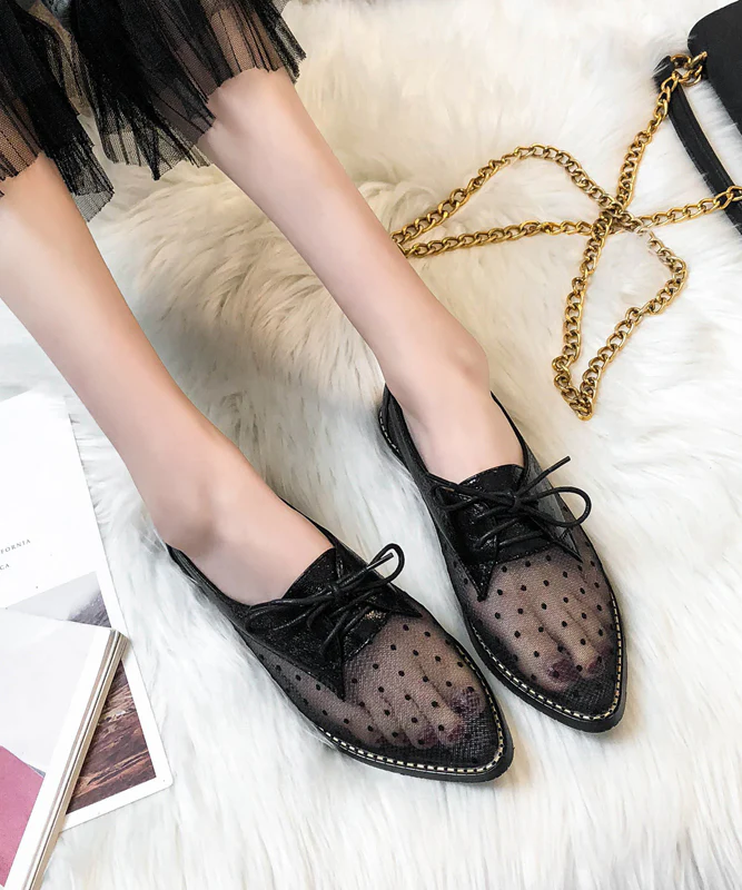 Women Apricot Splicing Flats Black Tulle Lace Up Pointed Toe - konjwa