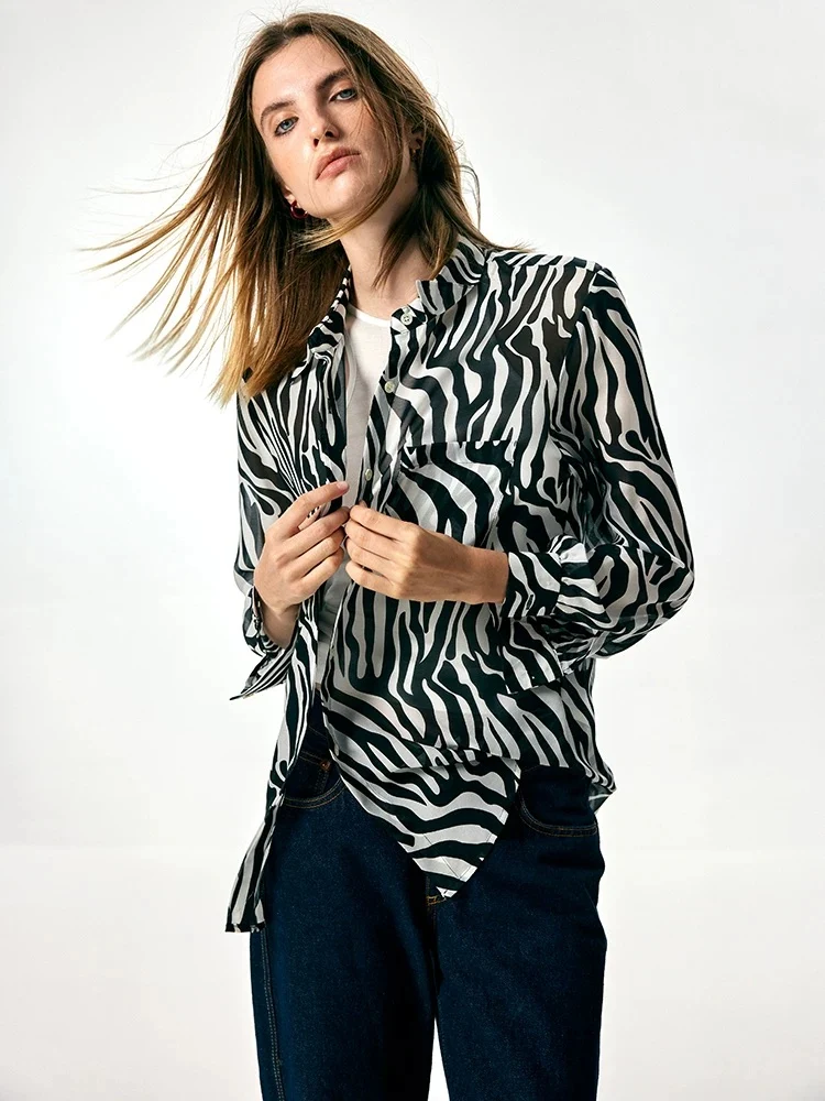 Women's 100% Mulberry Silk Zebra-Print Sheer Button-Down Shirt – Lightweight Long-Sleeve Silk Blouse - konjwa