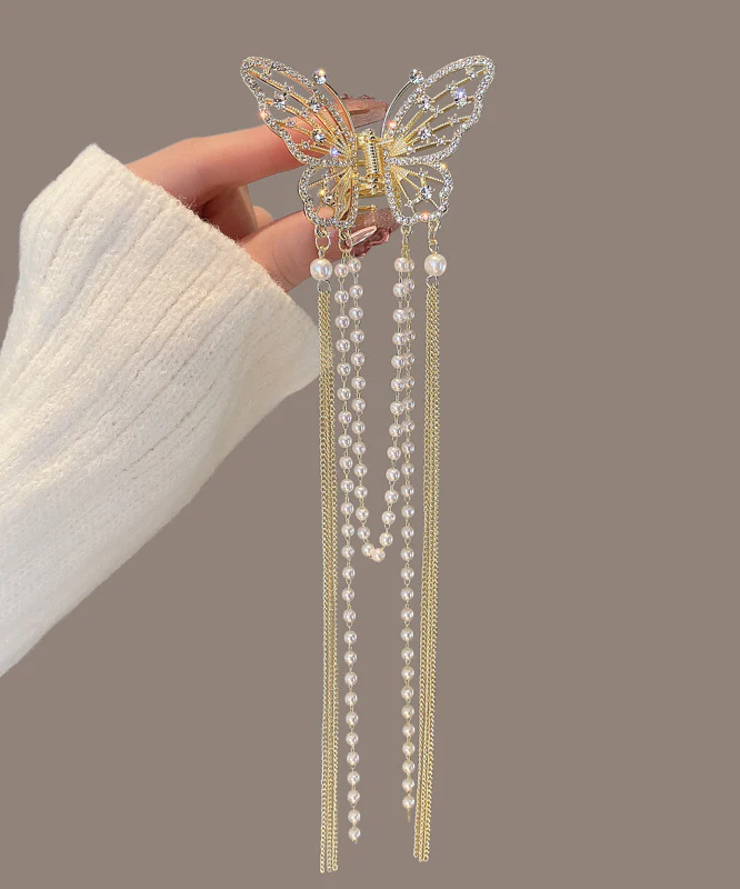 Fine Gold Alloy Zircon Pearl Chain Tassel Hairpin - konjwa