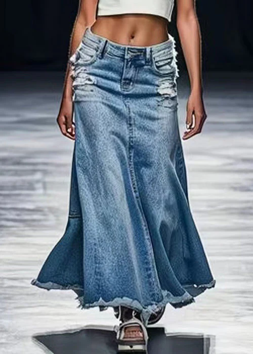 New Blue Hole Pockets High Waist Denim Maxi Skirts Summer - konjwa