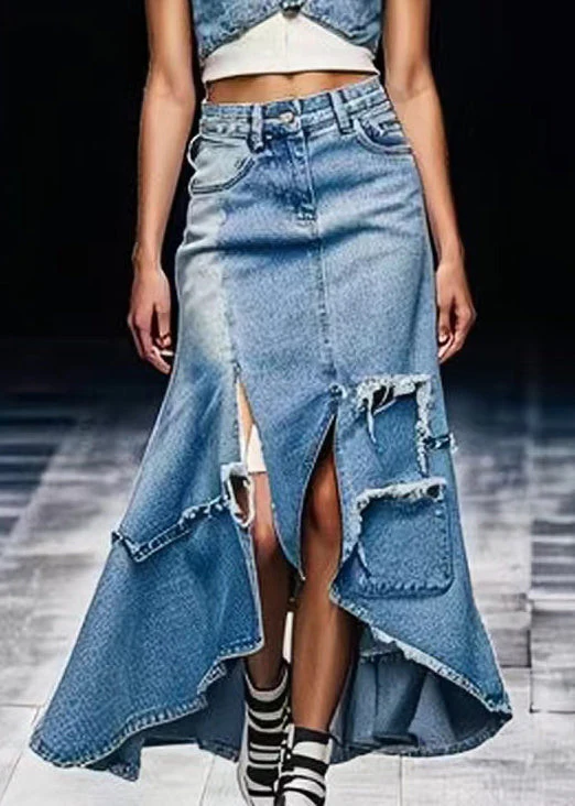 Unique Blue Side Open Low High Design Denim Skirt Summer - konjwa