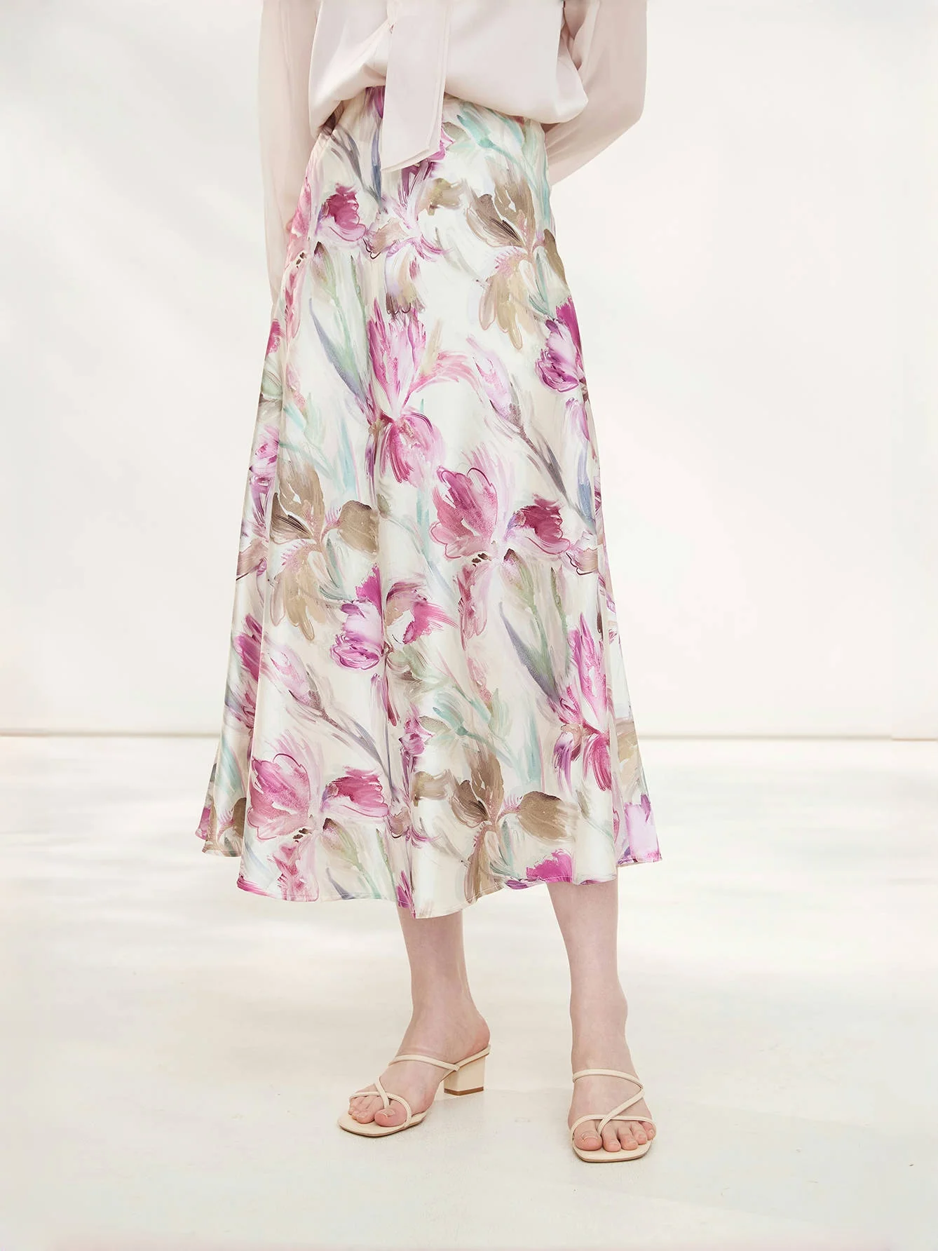 French-Inspired Mulberry Silk A-Line Skirt – Mid-Length Printed Knee-Length Design - konjwa