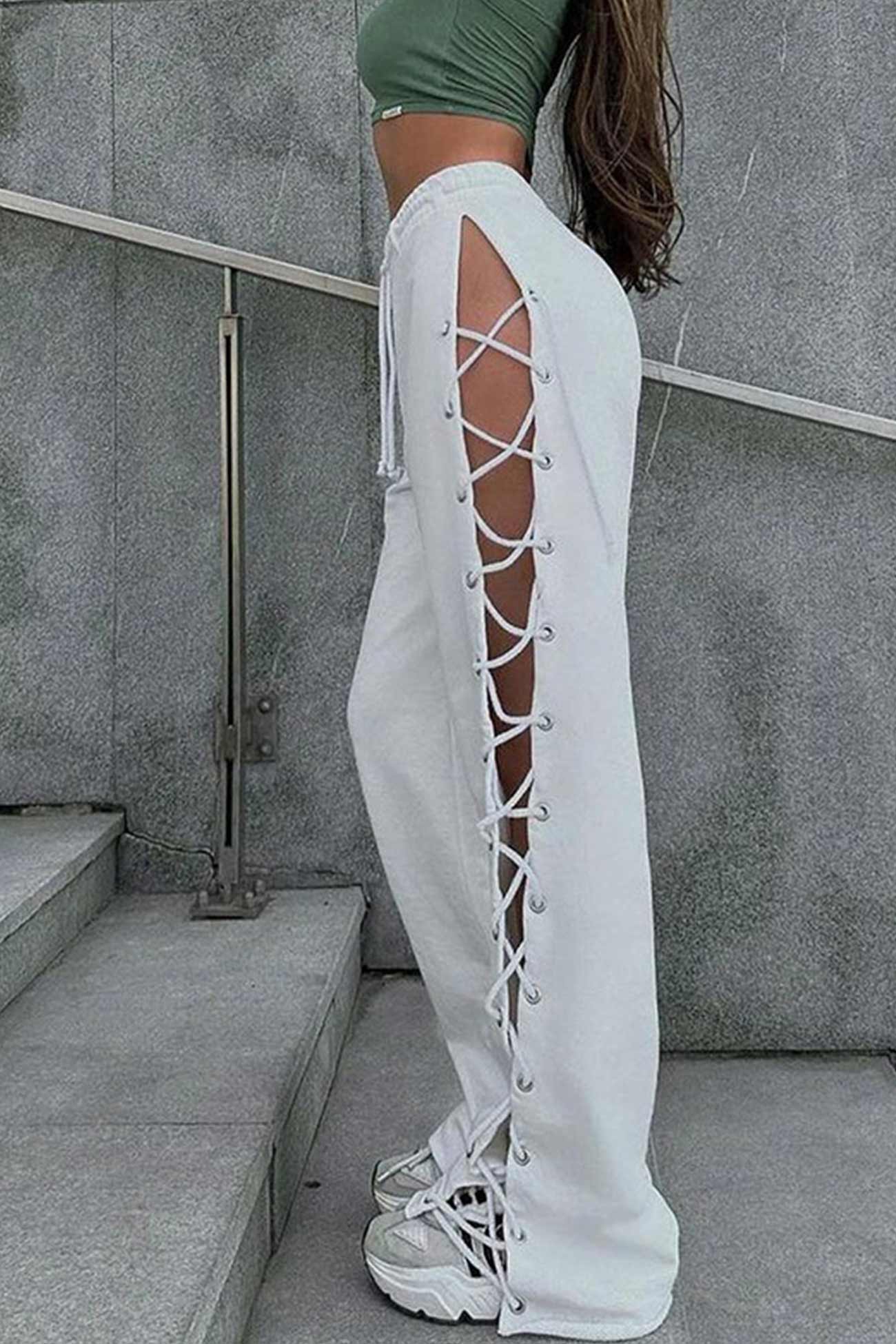 Side Slit Tie-up Cutout Wide-leg Long Pants - konjwa