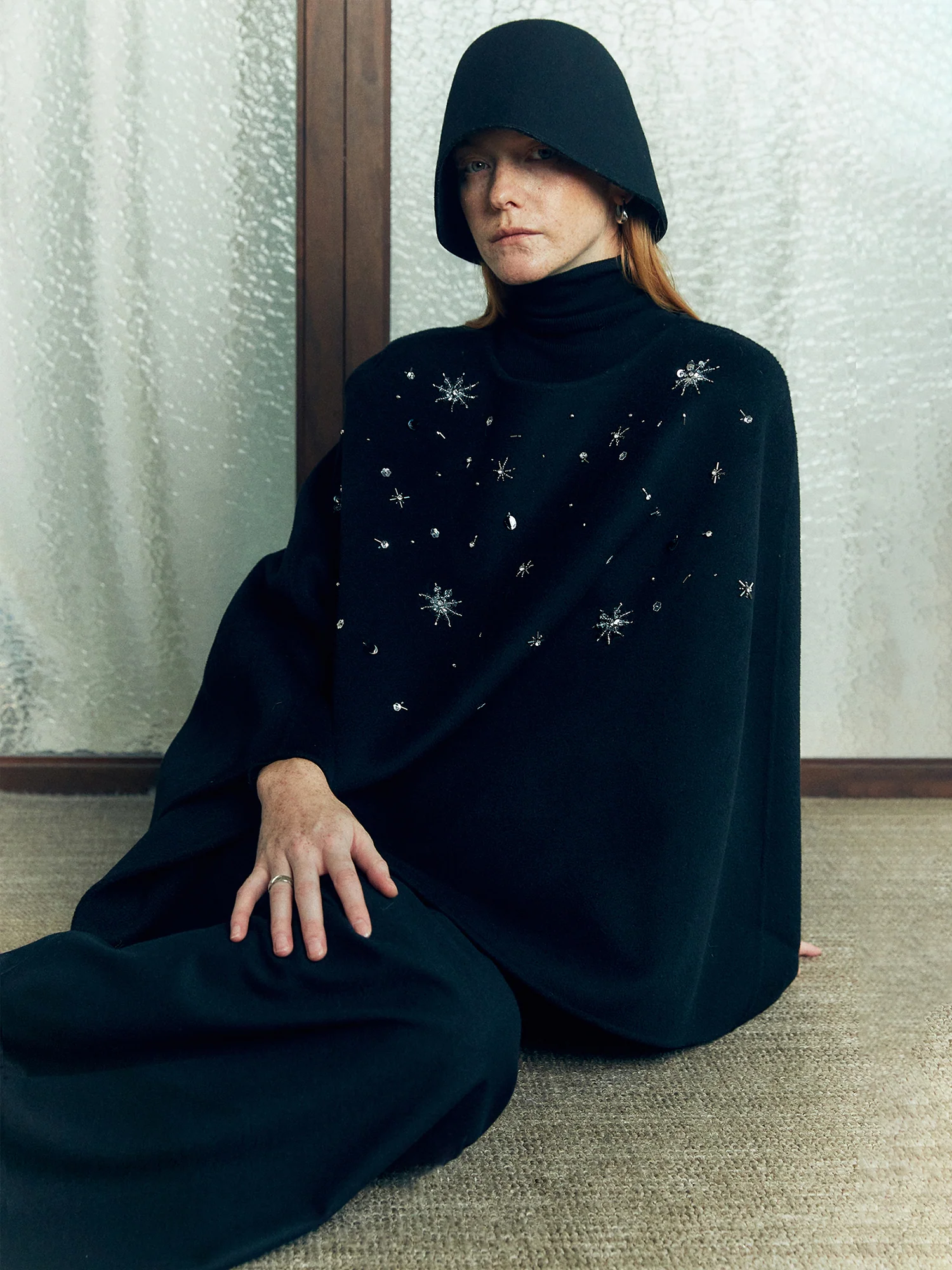 French Elegant Wool Cape Coat – New Winter Woolen Jacket with 3D Snowflake Beading - konjwa