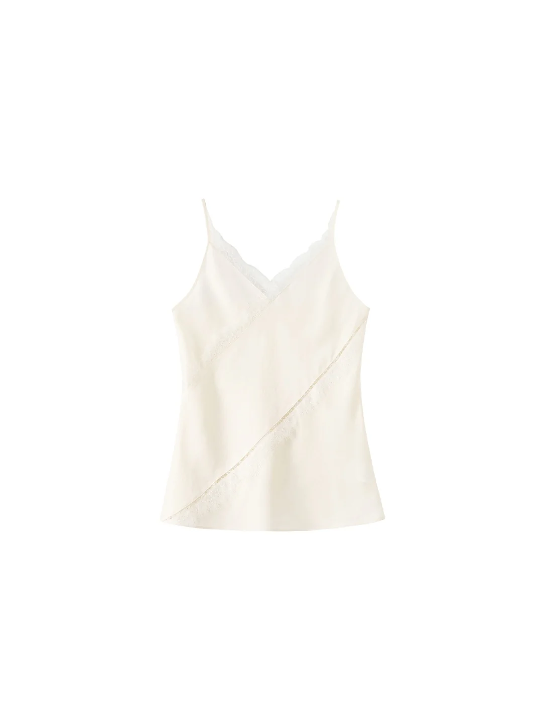 Smooth Satin Weave French Lace Trim Asymmetric Cut Cami Top / Skirt Set - konjwa