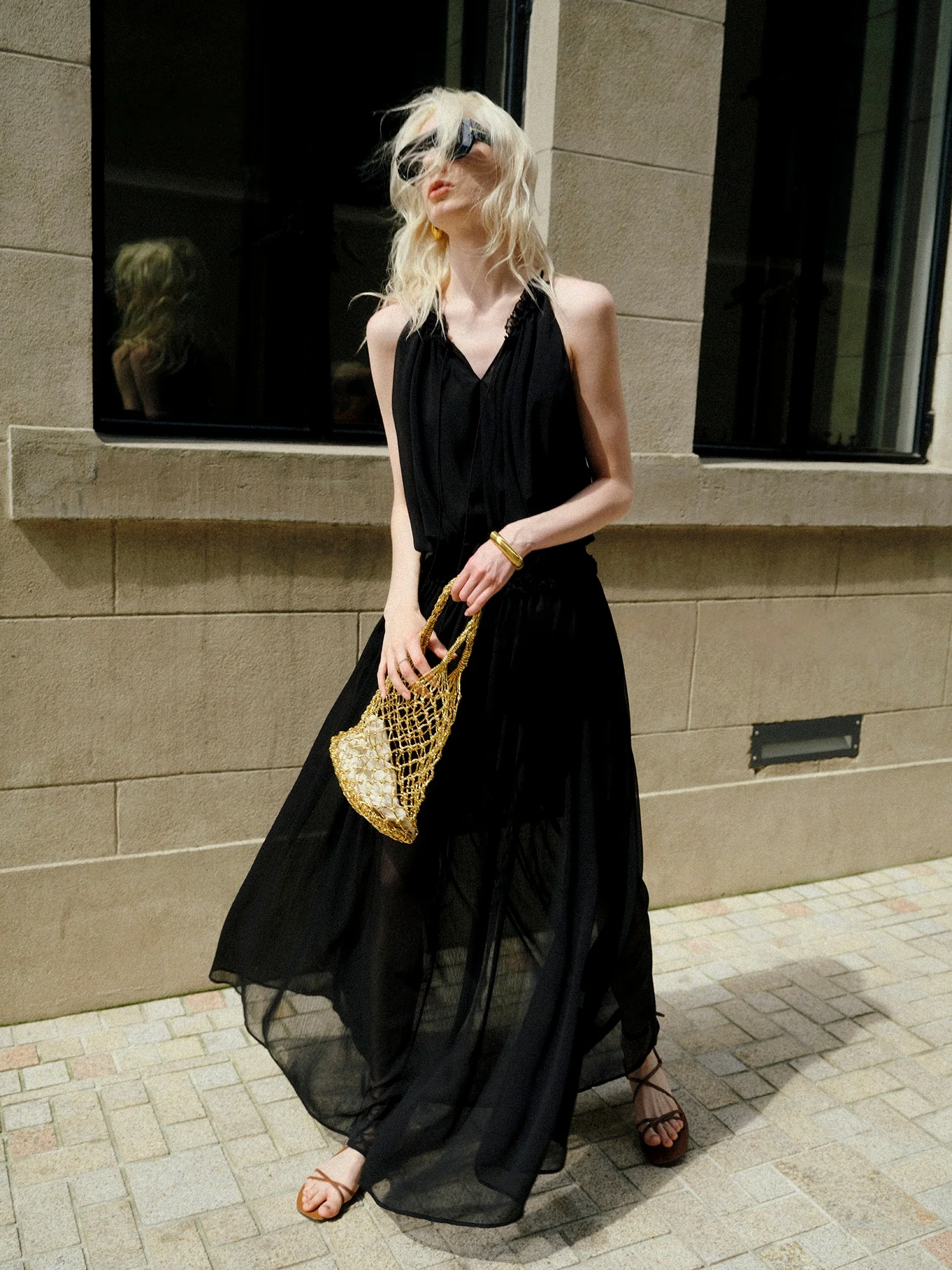 French Ruffle Halter Chiffon Maxi Dress – Pleated Tie-Neck Sleeveless Flowing Dress - konjwa