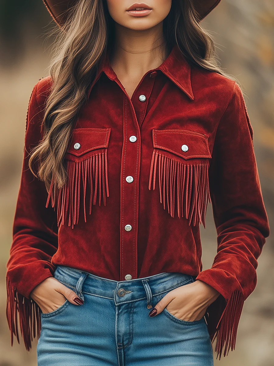 Outdoor Western Cowboy Red Suede Lapel Tassel Long Sleeve Shirt - konjwa