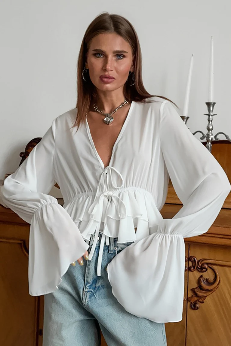 Relaxed Tie Front Chiffon Blouse - konjwa