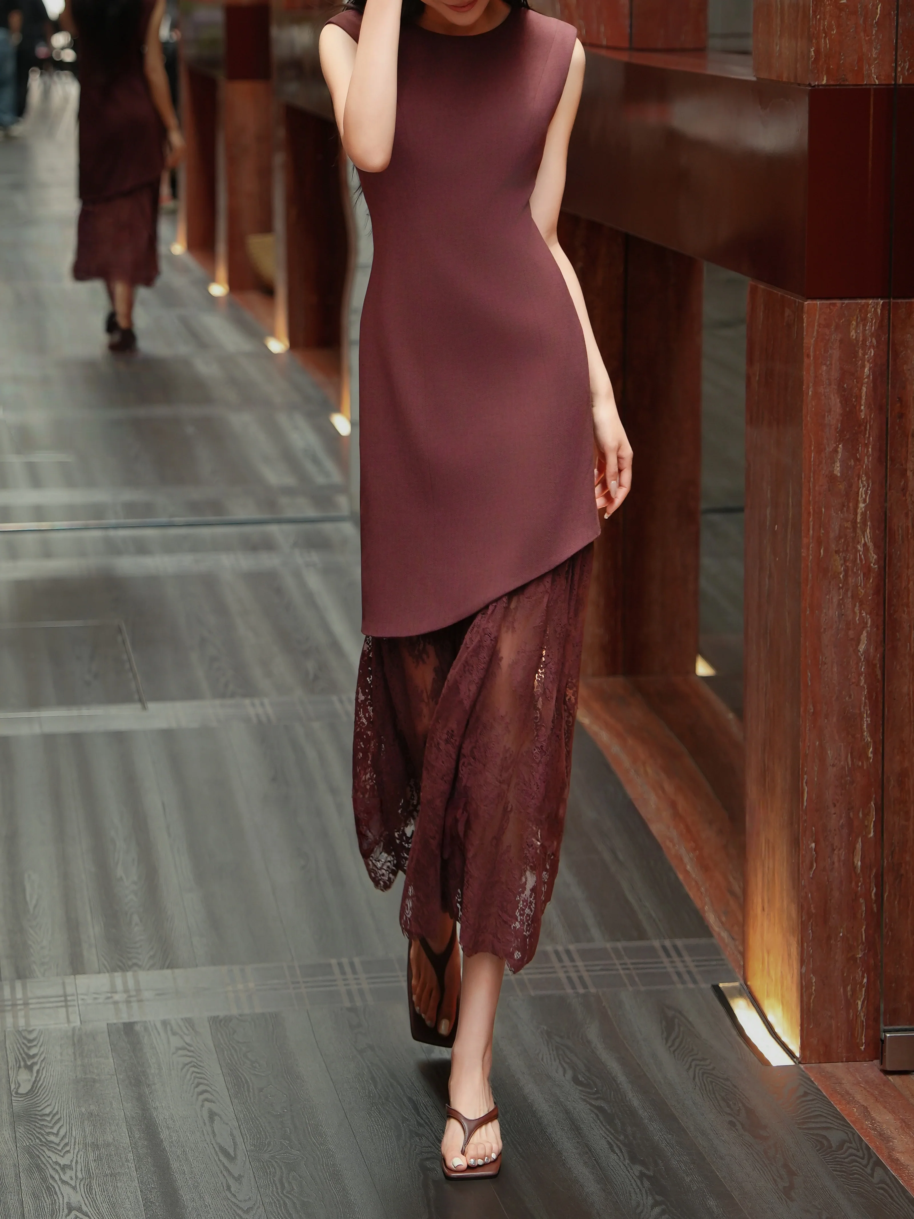 French Elegance Lace Patchwork Sleeveless Maxi Dress – Slim Waist Layered Summer Dress - konjwa