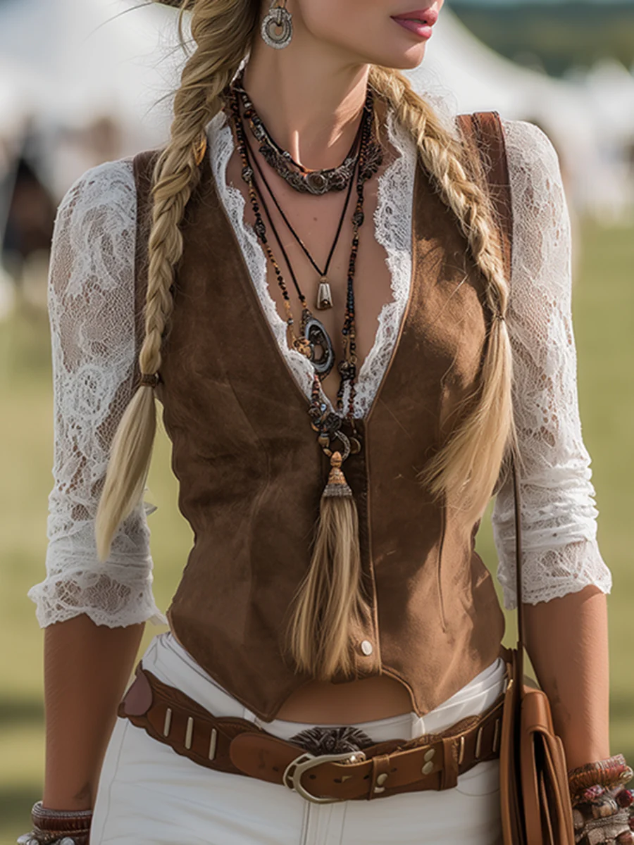 Romantic Western Style Lace Sleeves Brown Suede Shirt - konjwa