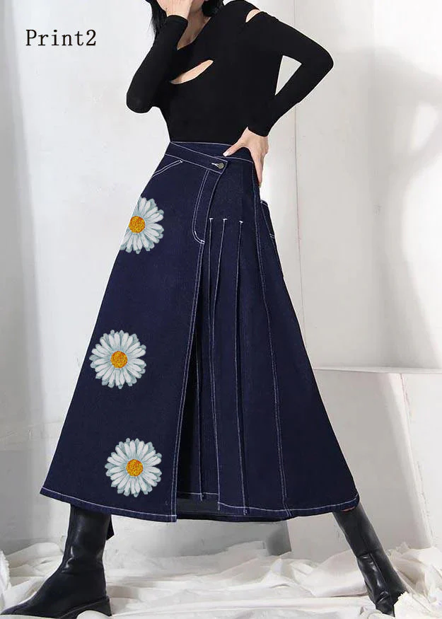 Boho denim blue-print3 zippered asymmetrical design Summer Skirt - konjwa