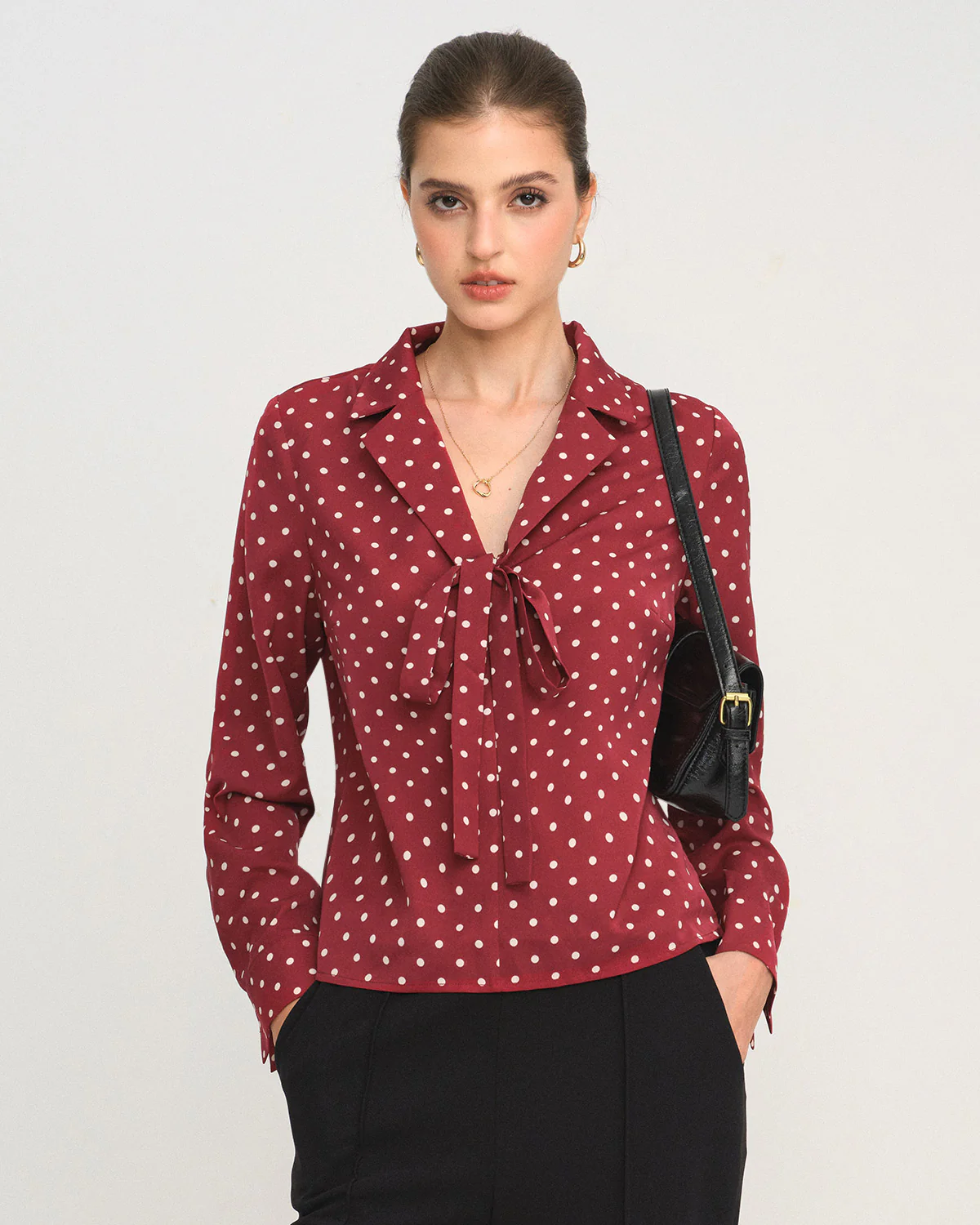 Dark Red Polka Dot Tie Neck Shirt - konjwa