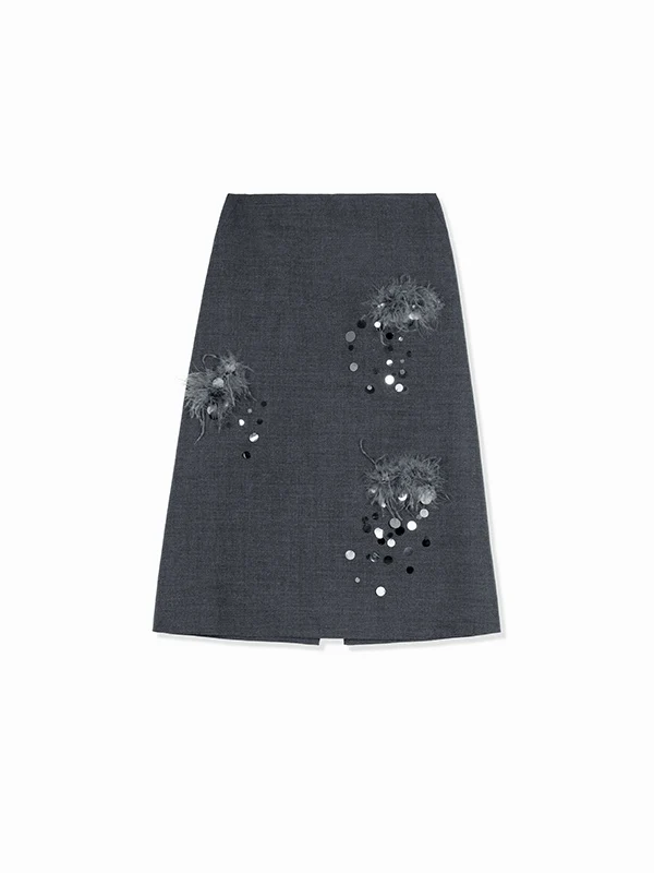 Hand-Beaded Wool A-Line Midi Skirt with Rare Imported Turkey Feathers | Luxury One-Piece Design - konjwa