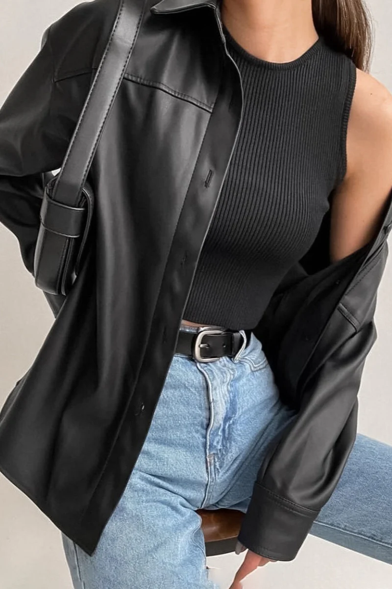 Moto Style Faux Leather Jacket - konjwa