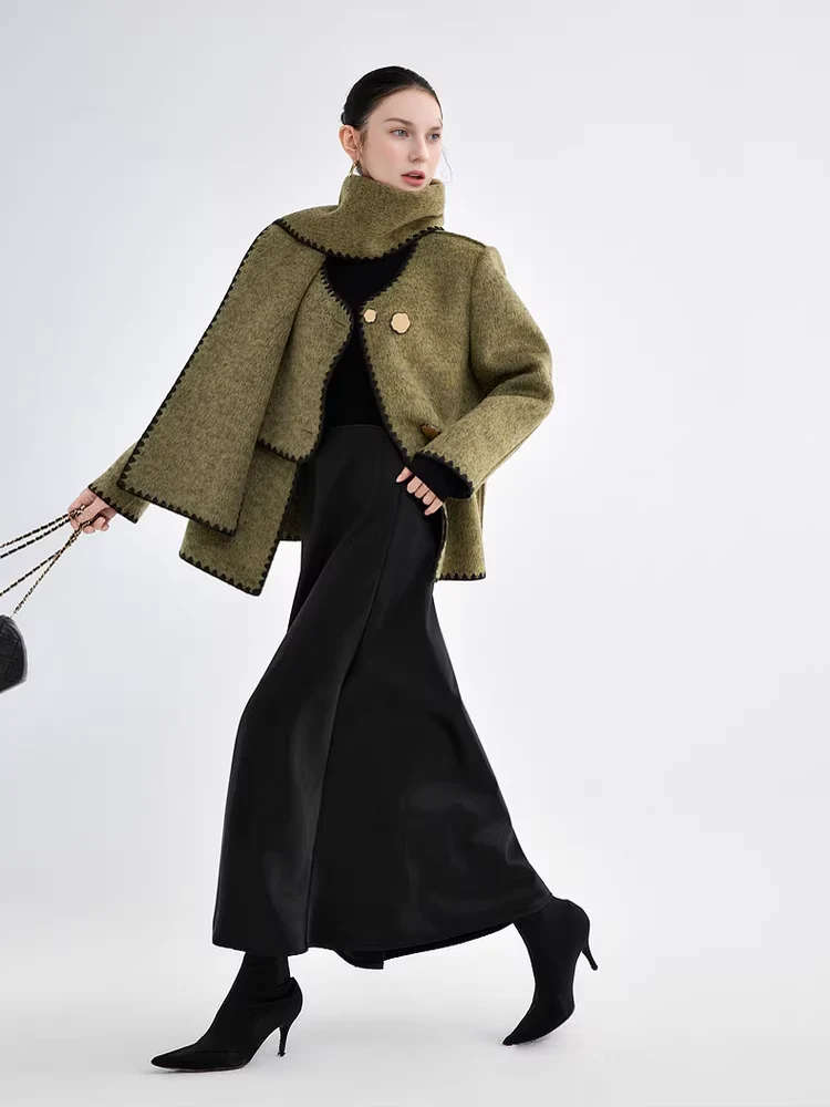 Women's Designer Green Wool Coat with Reversible Scarf – Double-Faced Wool Winter Overcoat - konjwa