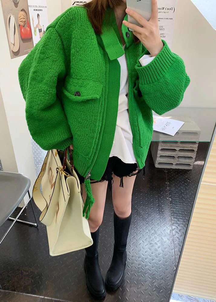 Natural Green zippered Button Pockets Patchwork Fall Knit Sweaters Coat - konjwa