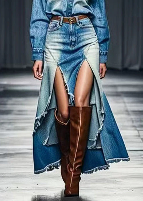 Unique Blue Low High Design High Waist Denim Skirt Summer - konjwa