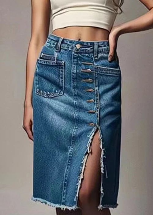 New Blue Button Front Open High Waist Denim Skirts Summer - konjwa