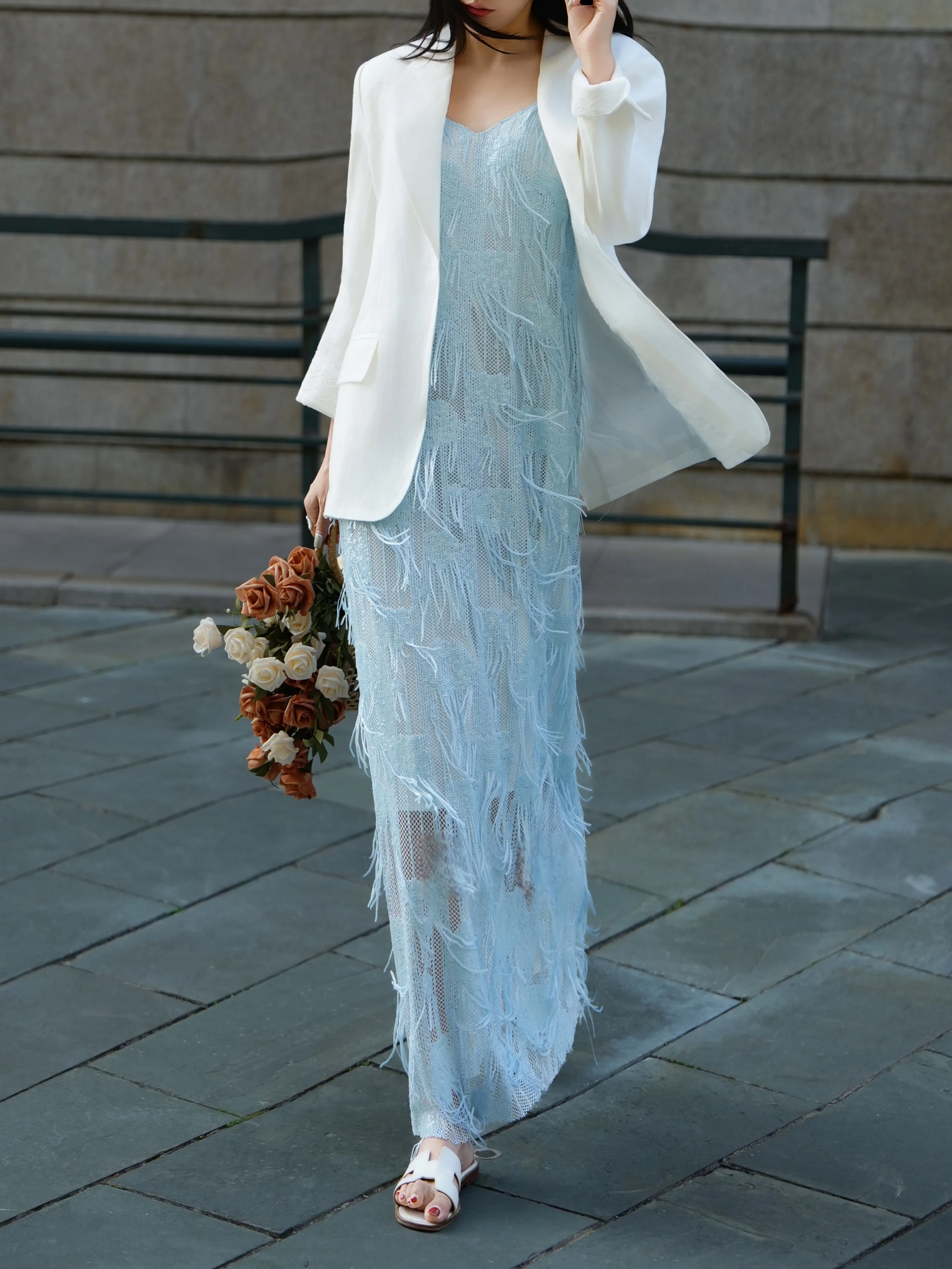 Light Blue French Fringe V‑Neck Slip Maxi Dress – Elegant Tassel Textured Camisole Dress - konjwa