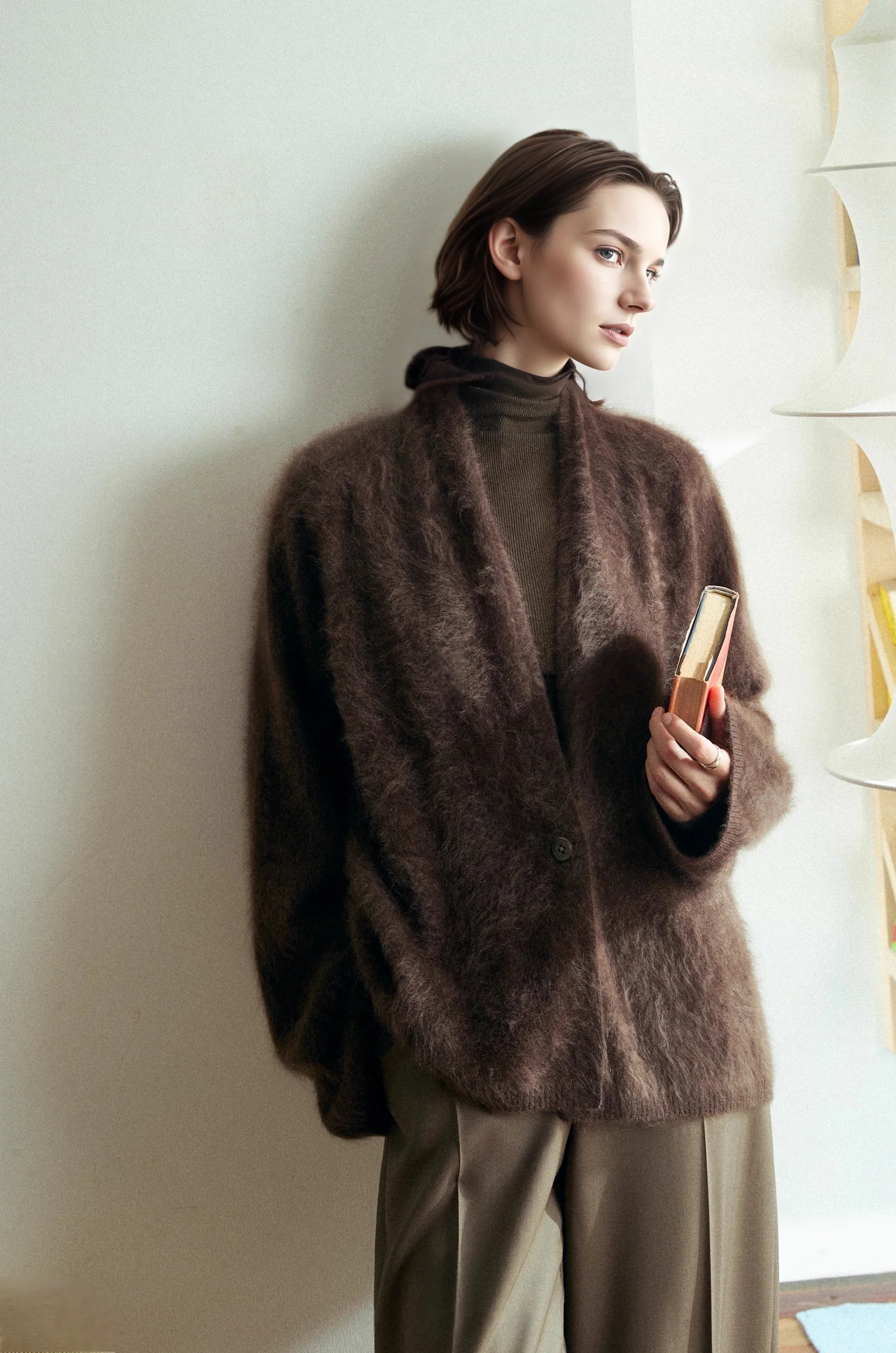 100% Cashmere Brushed Knit Cardigan for Women | Soft Skin-Friendly Loose Fit Sweater Coat - konjwa